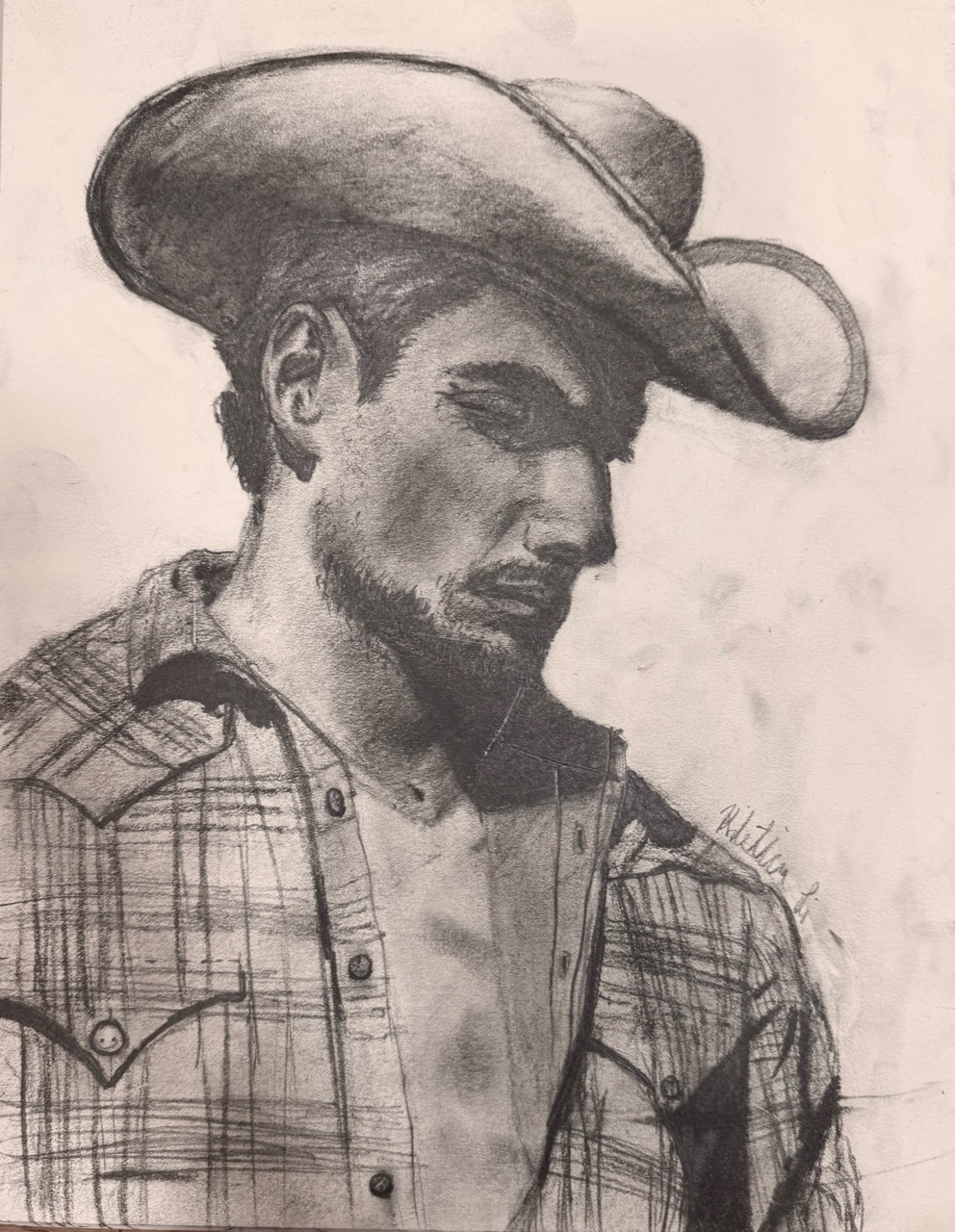 Graphite portrait of a bearded man wearing a cowboy hat