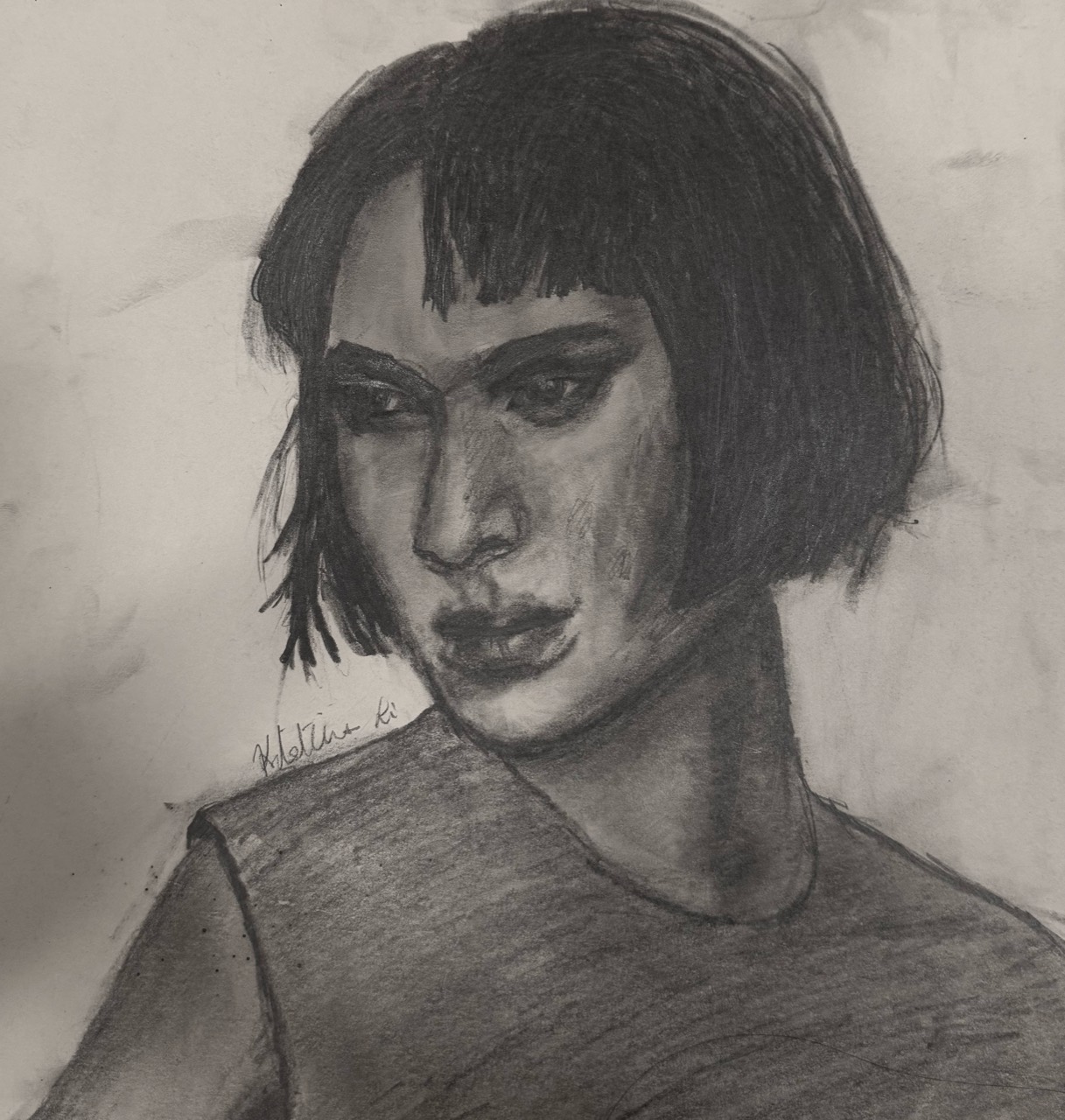 Graphite portrait of a woman with a short bob haircut