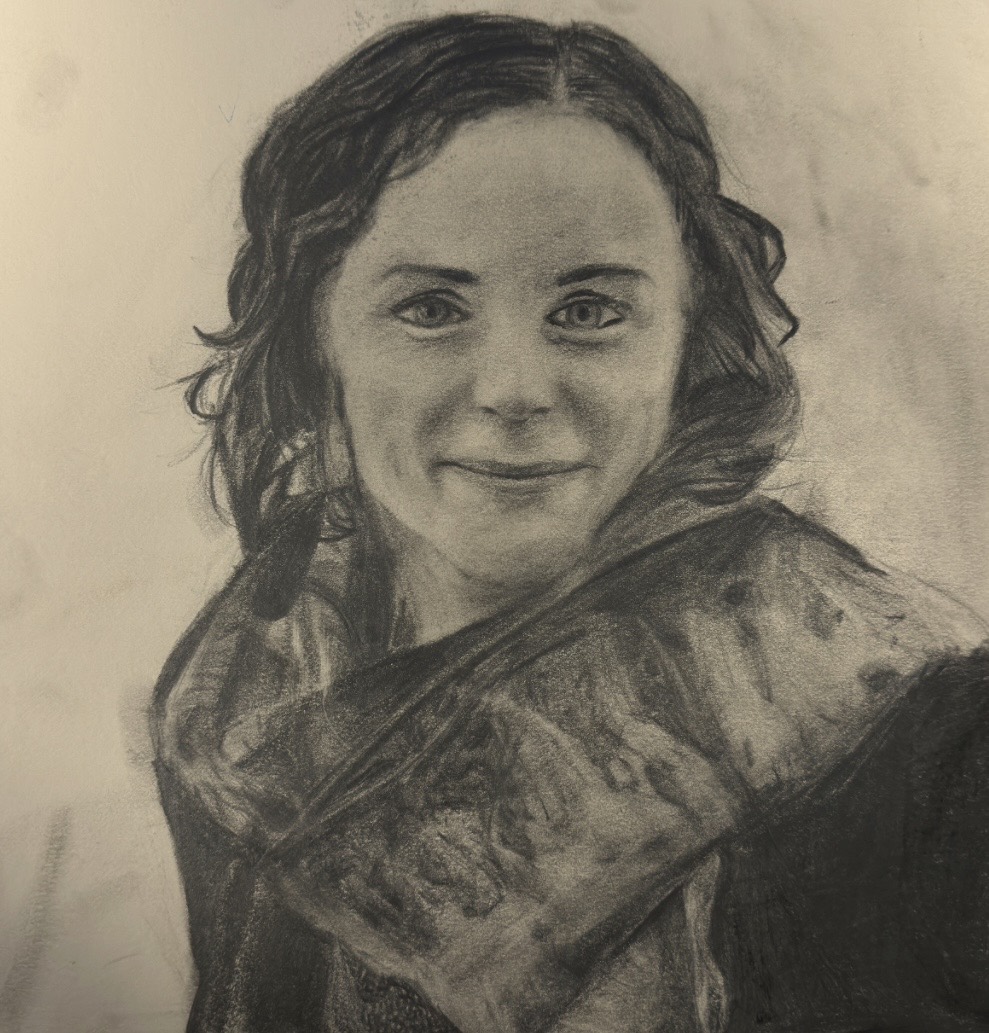 Graphite portrait of a seated woman with a patterned wrap
