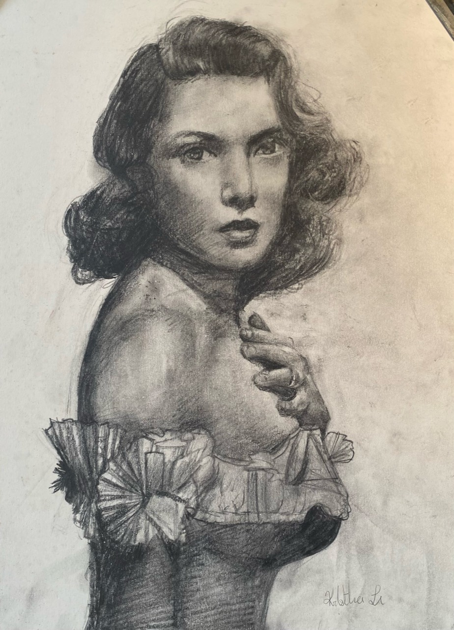 Graphite portrait of a woman in vintage clothing
