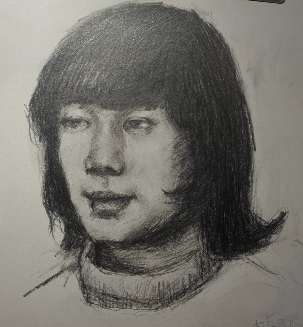 Graphite portrait of a person with a bob haircut