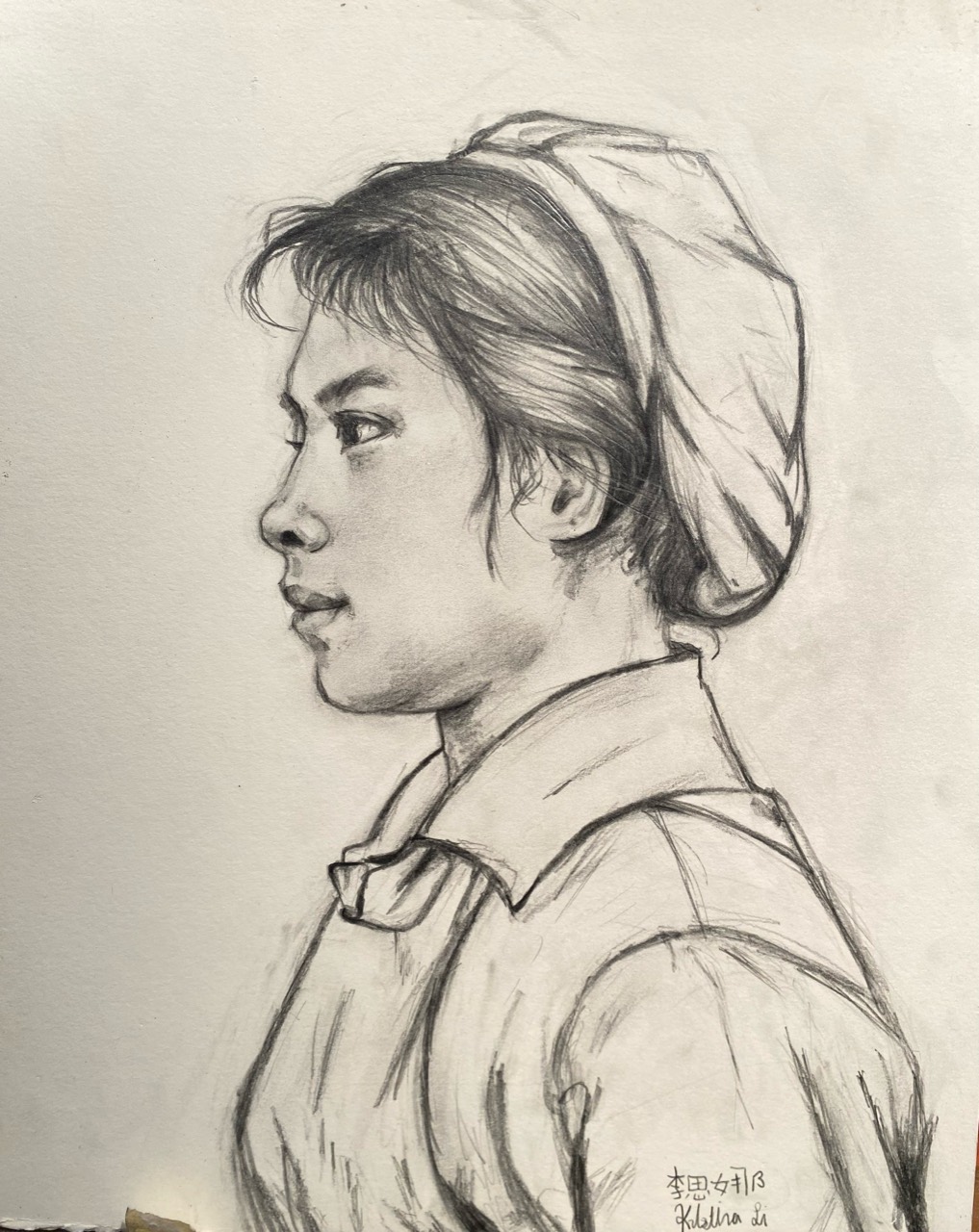 Graphite profile study of a person wearing a head covering