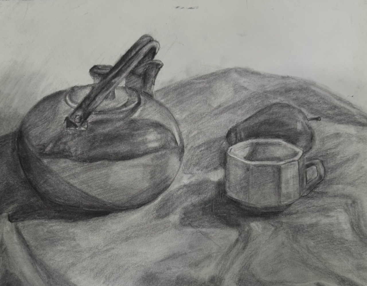 Graphite still life with kettle, cup, and fruit
