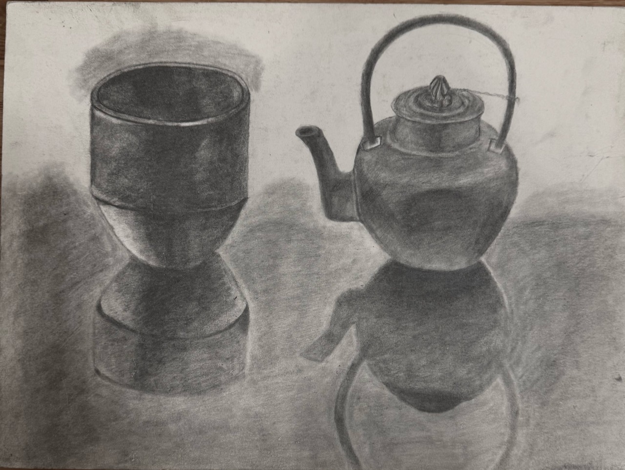 Graphite still life of a vessel and teapot with reflections