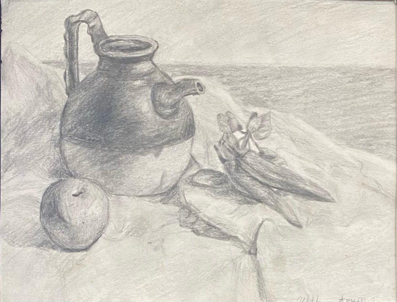 Graphite still life with a handled vessel, apple, and dried leaves