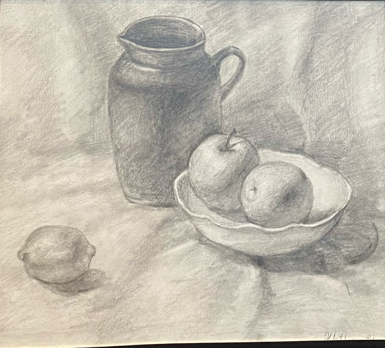 Graphite still life with a pitcher, fruit bowl, and lemon