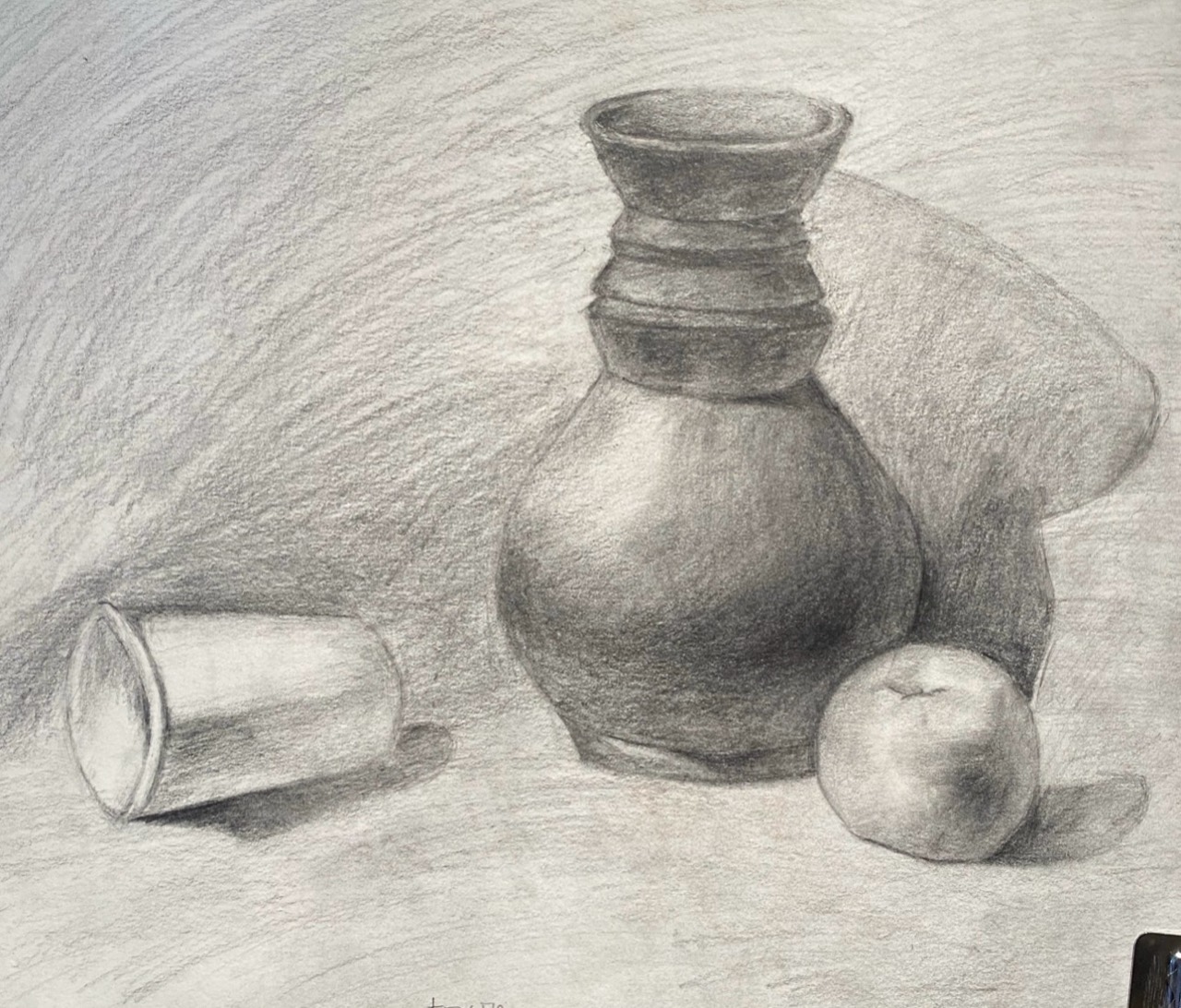 Graphite still life with a vase, cylinder, and apple